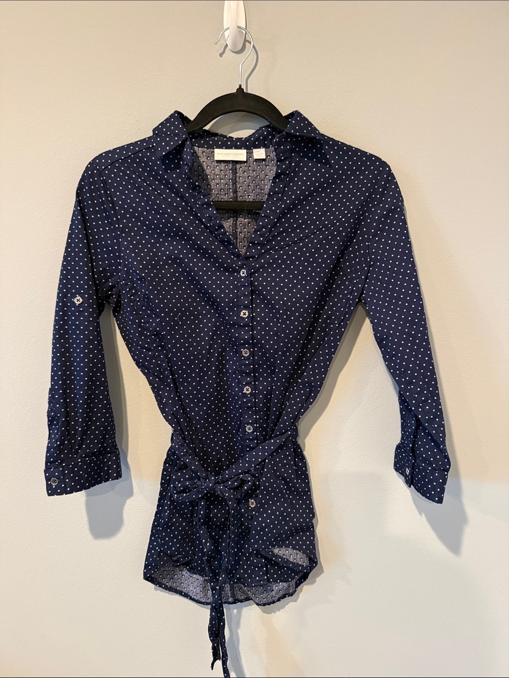 New York & Company Navy Polka Dot Button-Down Shirt with Tie Waist